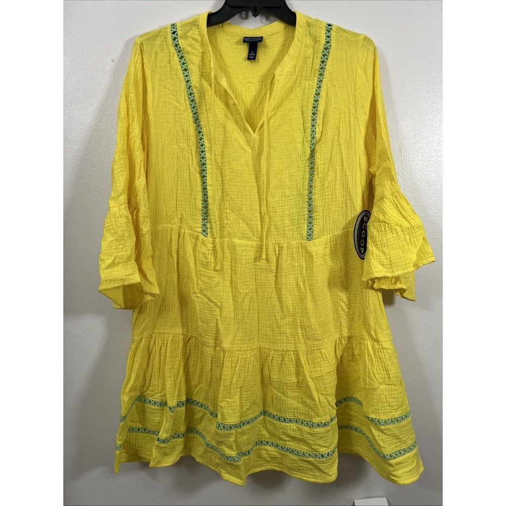 Scoop Women XL 16/18 Dress Yellow Gauzy Bell Sleeve Babydoll Short summer 6456